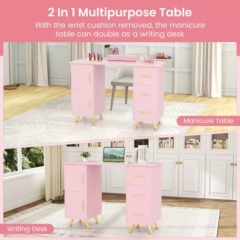 Costway Scrivania da Manicure in Legno con Poggiapolsi Rimovibile Gambe in Metallo e 3 Cassetti, 2 Armadietti Bianco/Rosa/Nero
