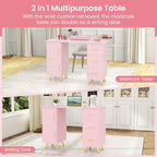 Costway Scrivania da Manicure in Legno con Poggiapolsi Rimovibile Gambe in Metallo e 3 Cassetti, 2 Armadietti Bianco/Rosa/Nero