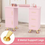 Costway Scrivania da Manicure in Legno con Poggiapolsi Rimovibile Gambe in Metallo e 3 Cassetti, 2 Armadietti Bianco/Rosa/Nero