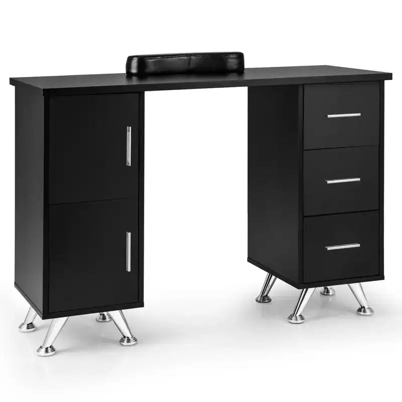 Costway Scrivania da Manicure in Legno con Poggiapolsi Rimovibile Gambe in Metallo e 3 Cassetti, 2 Armadietti Bianco/Rosa/Nero