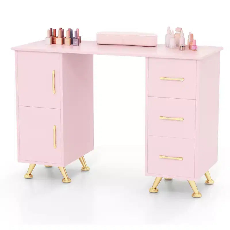 Costway Scrivania da Manicure in Legno con Poggiapolsi Rimovibile Gambe in Metallo e 3 Cassetti, 2 Armadietti Bianco/Rosa/Nero
