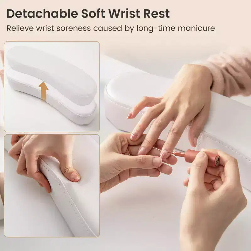 Costway Scrivania da Manicure in Legno con Poggiapolsi Rimovibile Gambe in Metallo e 3 Cassetti, 2 Armadietti Bianco/Rosa/Nero