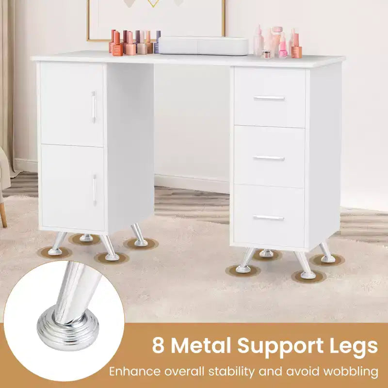 Costway Scrivania da Manicure in Legno con Poggiapolsi Rimovibile Gambe in Metallo e 3 Cassetti, 2 Armadietti Bianco/Rosa/Nero