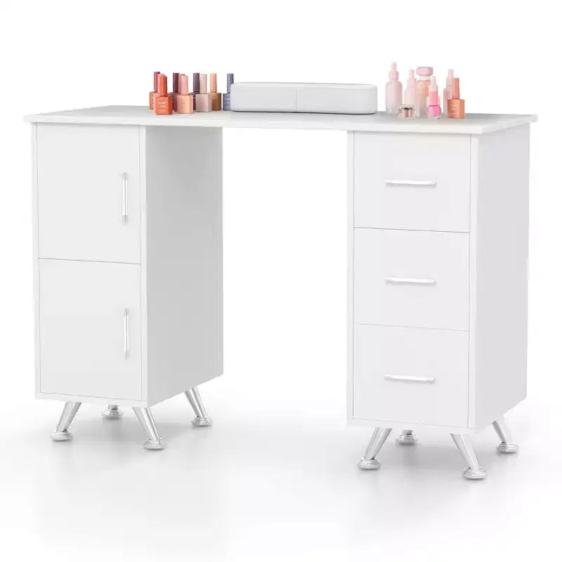 Costway Scrivania da Manicure in Legno con Poggiapolsi Rimovibile Gambe in Metallo e 3 Cassetti, 2 Armadietti Bianco/Rosa/Nero