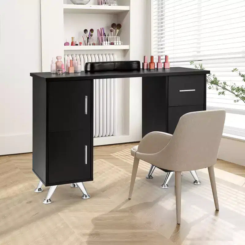 Costway Scrivania da Manicure in Legno con Poggiapolsi Rimovibile Gambe in Metallo e 3 Cassetti, 2 Armadietti Bianco/Rosa/Nero