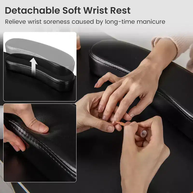 Costway Scrivania da Manicure in Legno con Poggiapolsi Rimovibile Gambe in Metallo e 3 Cassetti, 2 Armadietti Bianco/Rosa/Nero