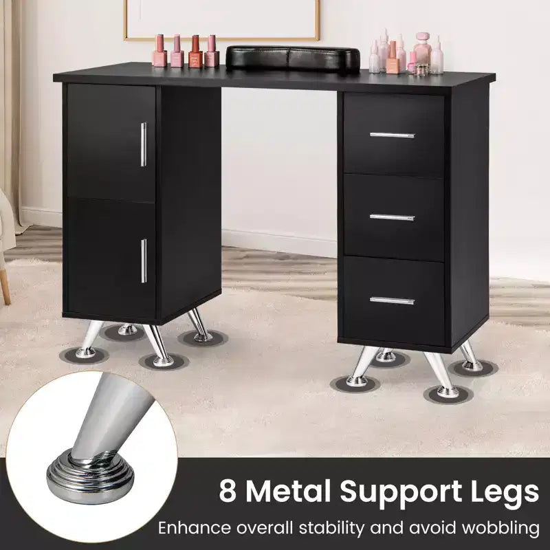 Costway Scrivania da Manicure in Legno con Poggiapolsi Rimovibile Gambe in Metallo e 3 Cassetti, 2 Armadietti Bianco/Rosa/Nero