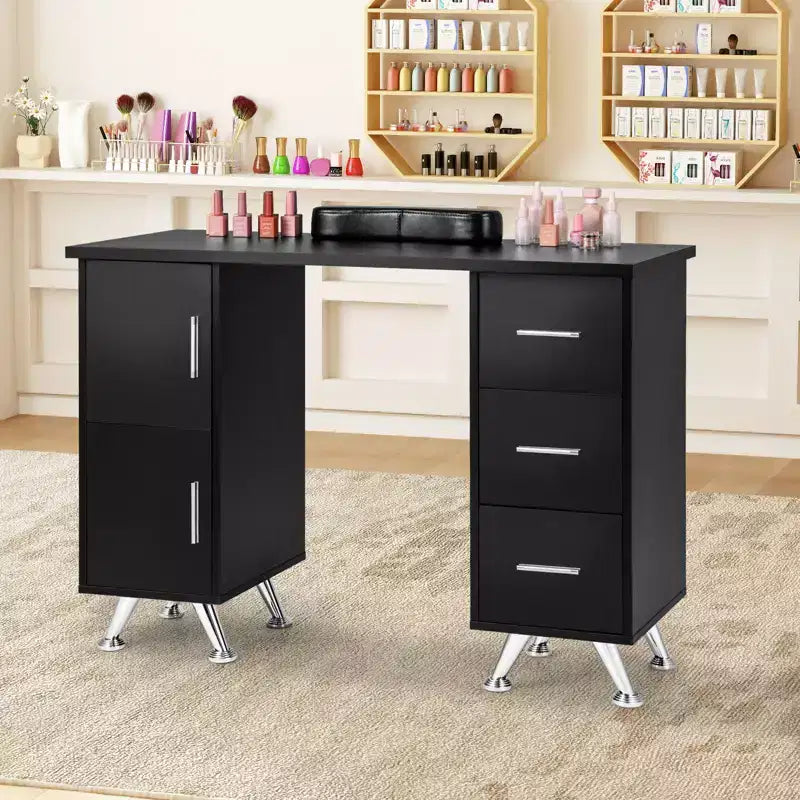 Costway Wooden Nail Desk Station with Removable Wrist Rest Metal Legs & 3 Drawers, 2 Cabinets White/Pink/Black