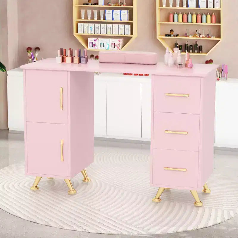 Costway Scrivania da Manicure in Legno con Poggiapolsi Rimovibile Gambe in Metallo e 3 Cassetti, 2 Armadietti Bianco/Rosa/Nero