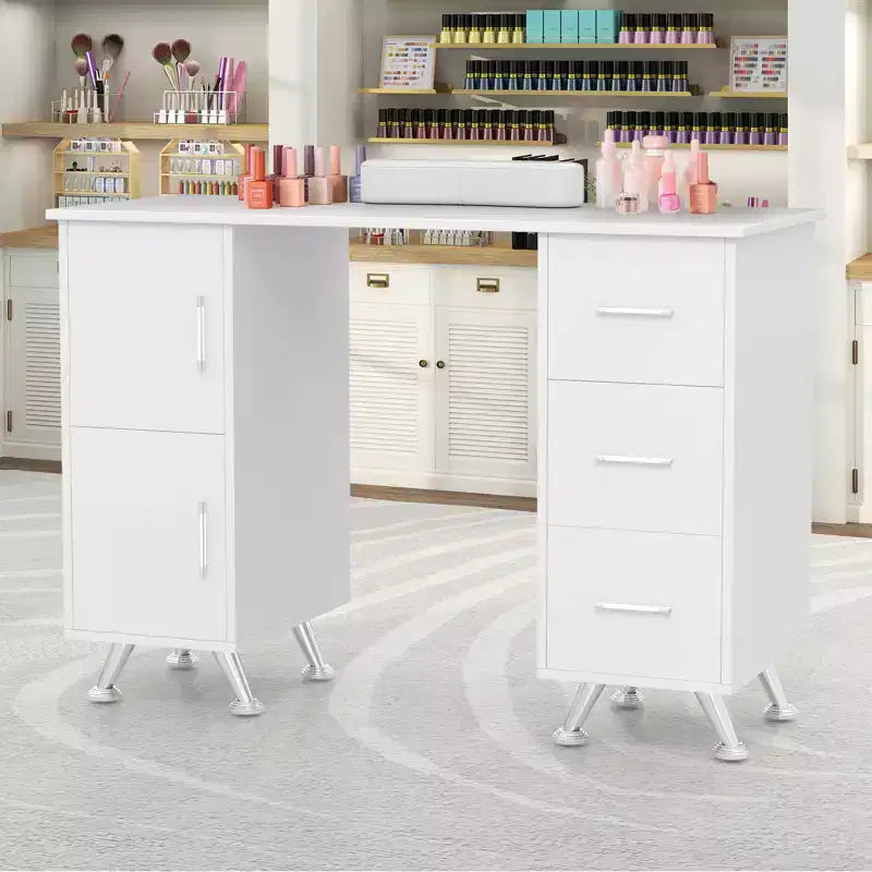 Costway Scrivania da Manicure in Legno con Poggiapolsi Rimovibile Gambe in Metallo e 3 Cassetti, 2 Armadietti Bianco/Rosa/Nero