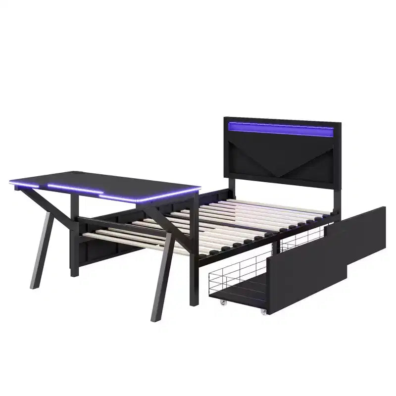 Bellemave Twin Gaming Bed with Desk and LED and Storage Drawers, Metal Gamer Bed, Twin Beds with Desk, Black