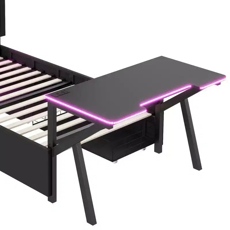 Bellemave Letto Gaming Singolo con Scrivania e LED e Cassetti, Letto per Gamer in Metallo, Letti Singoli con Scrivania, Nero