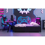 Bellemave Letto Gaming Singolo con Scrivania e LED e Cassetti, Letto per Gamer in Metallo, Letti Singoli con Scrivania, Nero