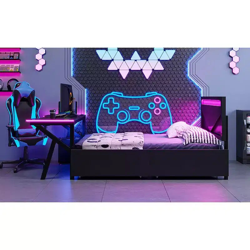 Bellemave Letto Gaming Singolo con Scrivania e LED e Cassetti, Letto per Gamer in Metallo, Letti Singoli con Scrivania, Nero