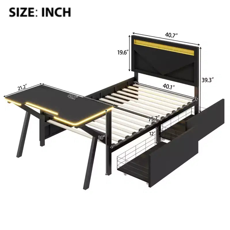 Bellemave Letto Gaming Singolo con Scrivania e LED e Cassetti, Letto per Gamer in Metallo, Letti Singoli con Scrivania, Nero