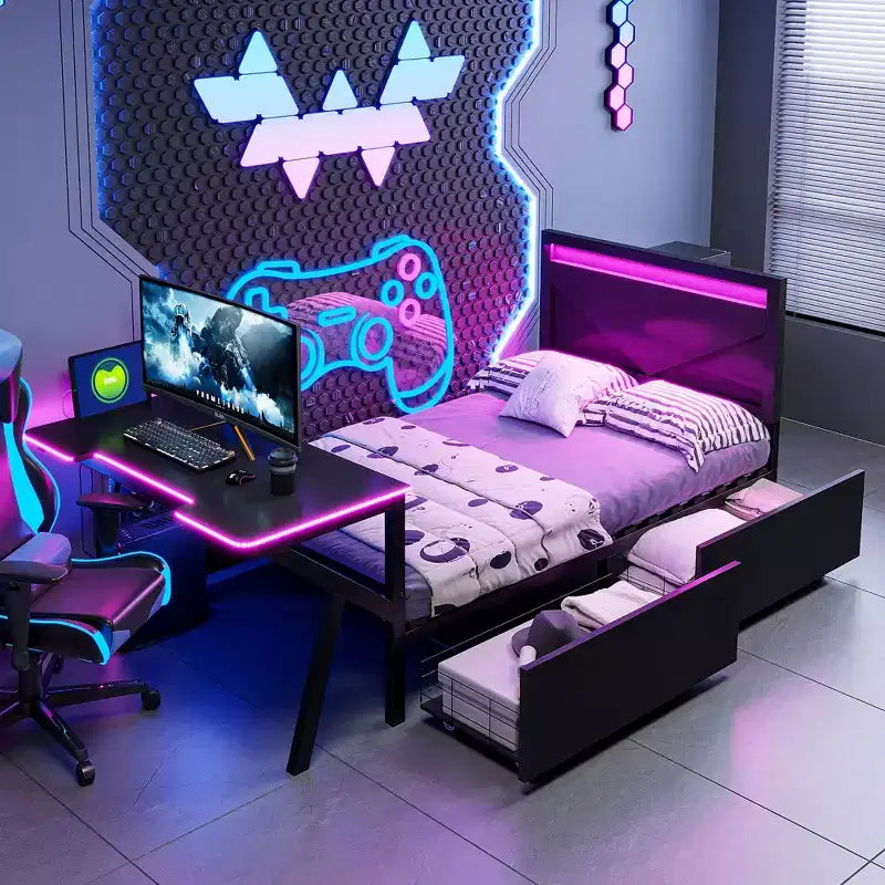 Bellemave Letto Gaming Singolo con Scrivania e LED e Cassetti, Letto per Gamer in Metallo, Letti Singoli con Scrivania, Nero