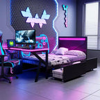 Bellemave Letto Gaming Singolo con Scrivania e LED e Cassetti, Letto per Gamer in Metallo, Letti Singoli con Scrivania, Nero