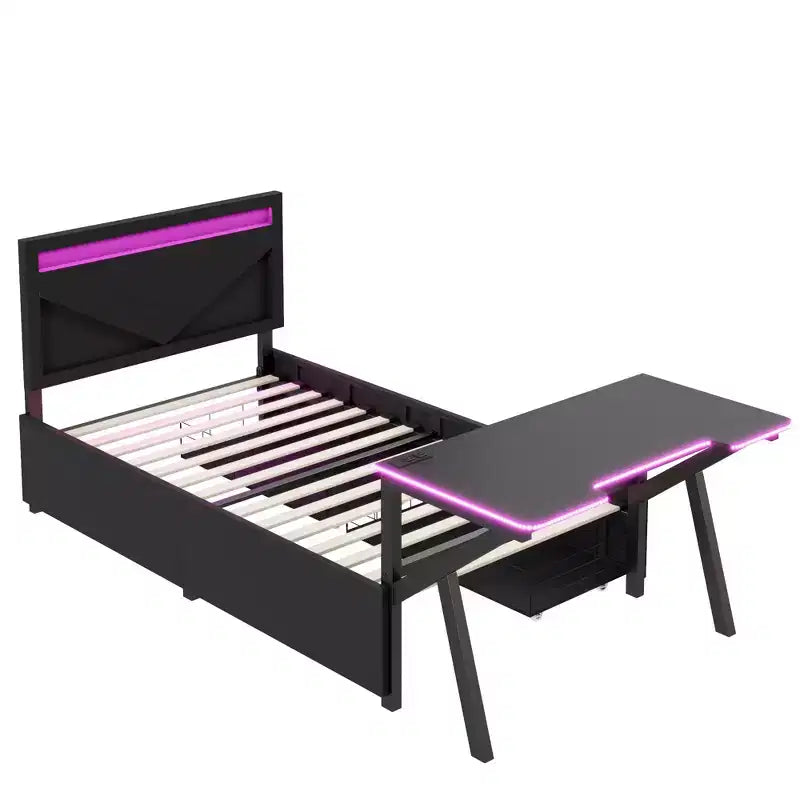 Bellemave Letto Gaming Singolo con Scrivania e LED e Cassetti, Letto per Gamer in Metallo, Letti Singoli con Scrivania, Nero