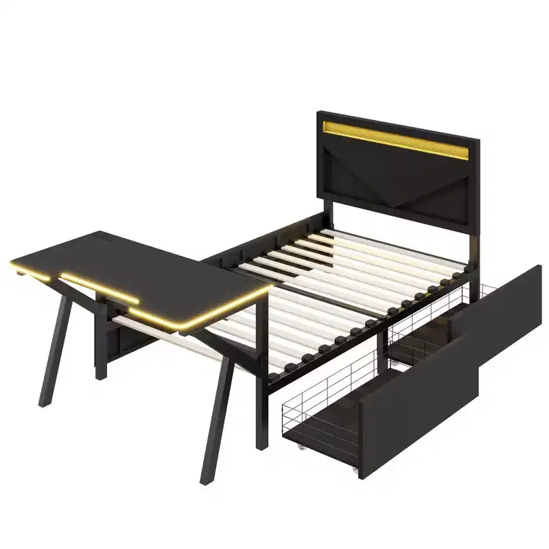 Bellemave Letto Gaming Singolo con Scrivania e LED e Cassetti, Letto per Gamer in Metallo, Letti Singoli con Scrivania, Nero