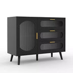 Credenza a Buffet con Contenitore, Credenza con Anta in Vetro Scanalato e Cassetti, Credenza Nera per Cucina, Sala da Pranzo, Soggiorno