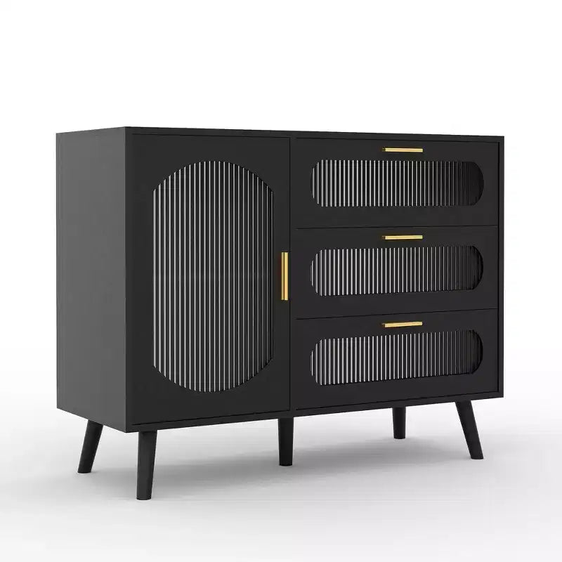 Credenza a Buffet con Contenitore, Credenza con Anta in Vetro Scanalato e Cassetti, Credenza Nera per Cucina, Sala da Pranzo, Soggiorno