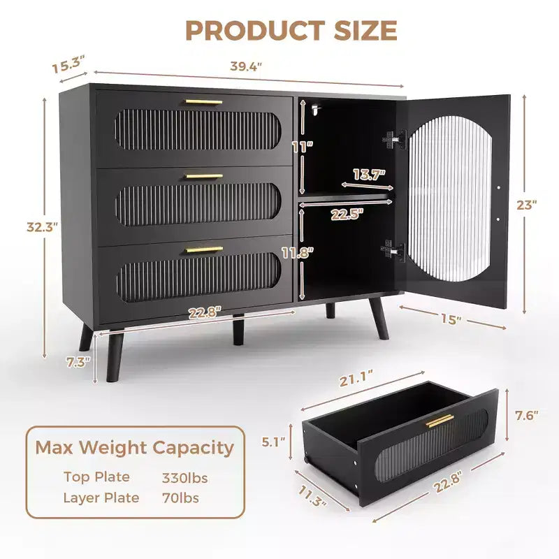 Credenza a Buffet con Contenitore, Credenza con Anta in Vetro Scanalato e Cassetti, Credenza Nera per Cucina, Sala da Pranzo, Soggiorno