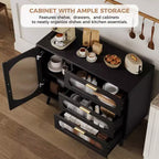 Credenza a Buffet con Contenitore, Credenza con Anta in Vetro Scanalato e Cassetti, Credenza Nera per Cucina, Sala da Pranzo, Soggiorno