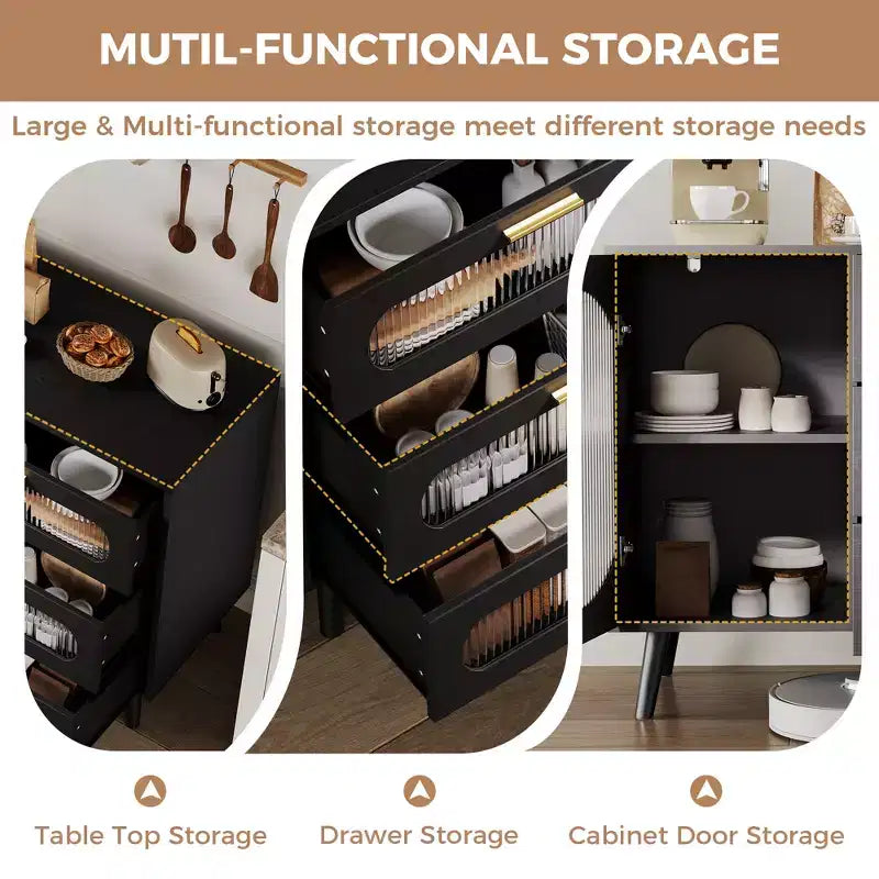 Credenza a Buffet con Contenitore, Credenza con Anta in Vetro Scanalato e Cassetti, Credenza Nera per Cucina, Sala da Pranzo, Soggiorno