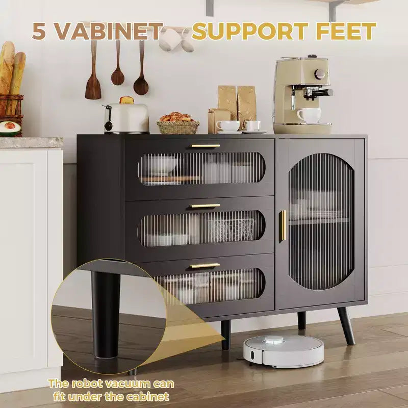 Credenza a Buffet con Contenitore, Credenza con Anta in Vetro Scanalato e Cassetti, Credenza Nera per Cucina, Sala da Pranzo, Soggiorno
