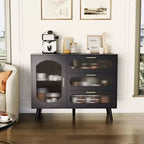 Credenza a Buffet con Contenitore, Credenza con Anta in Vetro Scanalato e Cassetti, Credenza Nera per Cucina, Sala da Pranzo, Soggiorno