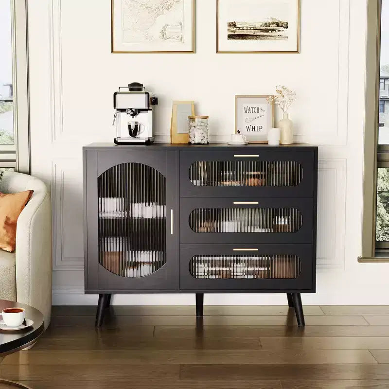 Credenza a Buffet con Contenitore, Credenza con Anta in Vetro Scanalato e Cassetti, Credenza Nera per Cucina, Sala da Pranzo, Soggiorno