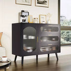 Credenza a Buffet con Contenitore, Credenza con Anta in Vetro Scanalato e Cassetti, Credenza Nera per Cucina, Sala da Pranzo, Soggiorno