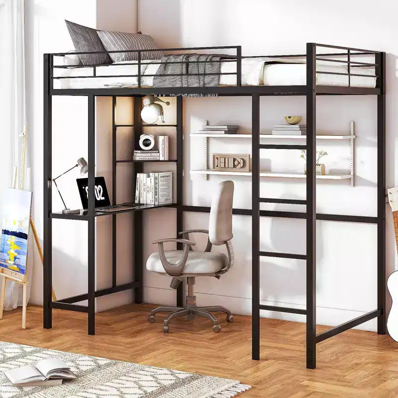 Karl Home Letto a soppalco singolo nero con scrivania, letto a castello in metallo senza bisogno di rete a molle