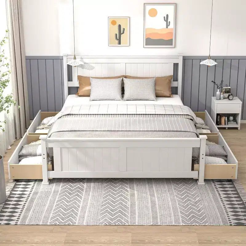 Karl Home Wood Bed Frame Full Size With 4 Storage Drawers, Solid Wood Platform Bed with Headboard