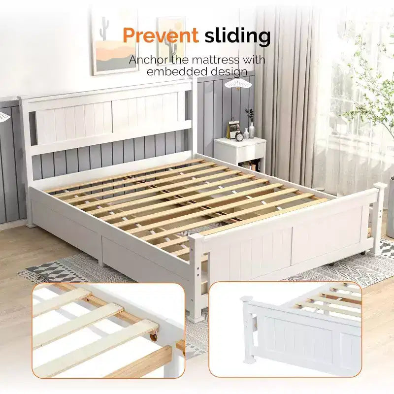 Karl Home Struttura letto in legno massello con 4 cassetti, letto a piattaforma in legno massello con testiera