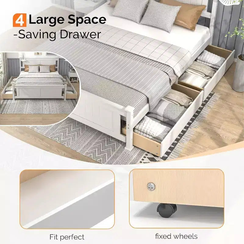 Karl Home Struttura letto in legno massello con 4 cassetti, letto a piattaforma in legno massello con testiera