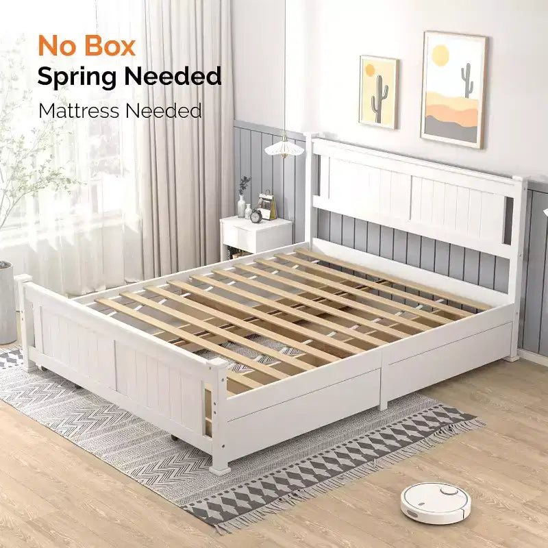 Karl Home Struttura letto in legno massello con 4 cassetti, letto a piattaforma in legno massello con testiera