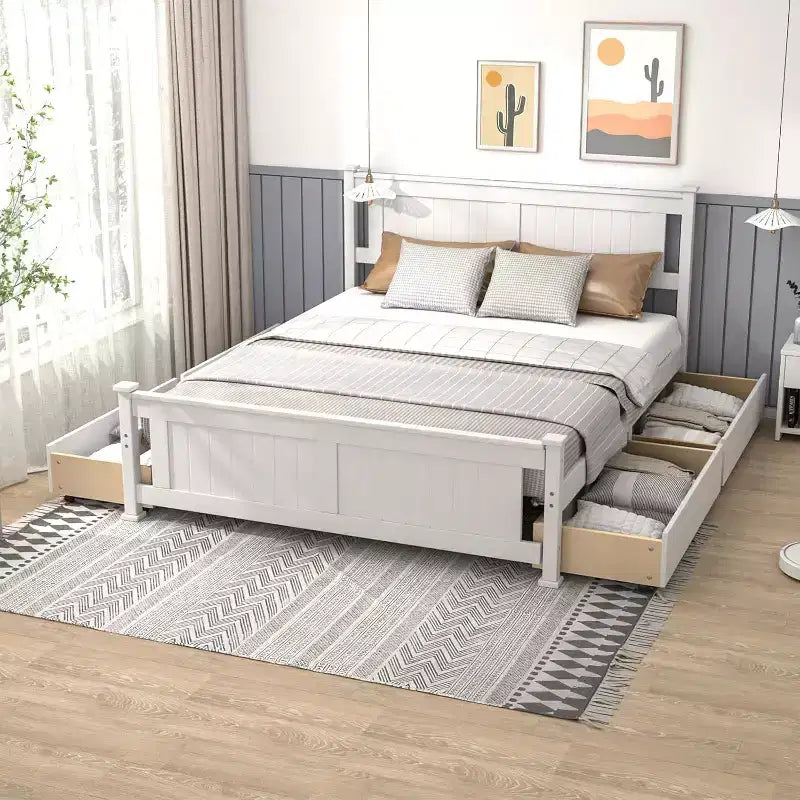 Karl Home Struttura letto in legno massello con 4 cassetti, letto a piattaforma in legno massello con testiera