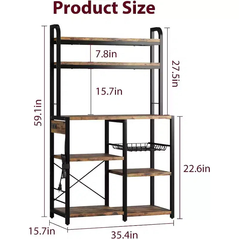 Scaffale a 6 ripiani per panettiere con presa di corrente, Scaffale porta microonde grande per cucina con cestino in metallo, per cucina, sala da pranzo