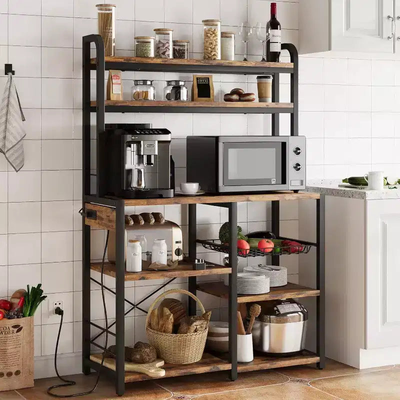 Scaffale a 6 ripiani per panettiere con presa di corrente, Scaffale porta microonde grande per cucina con cestino in metallo, per cucina, sala da pranzo