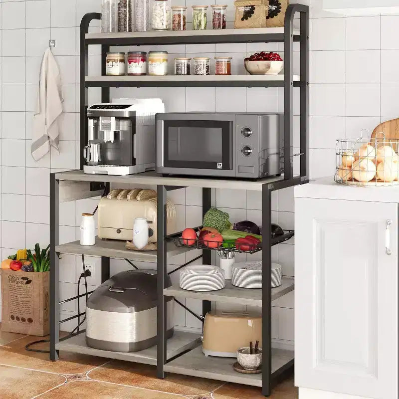 Scaffale a 6 ripiani per panettiere con presa di corrente, Scaffale porta microonde grande per cucina con cestino in metallo, per cucina, sala da pranzo