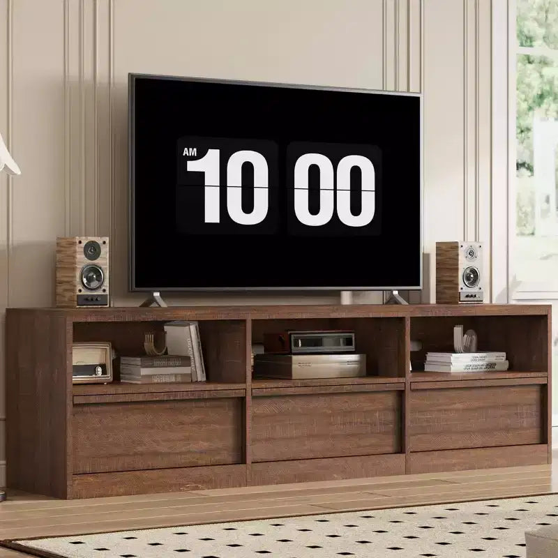 Mobile TV da 70 pollici per televisori da 80 pollici, mobile da intrattenimento moderno di metà secolo con cassetto portaoggetti e ripiani aperti, per soggiorno
