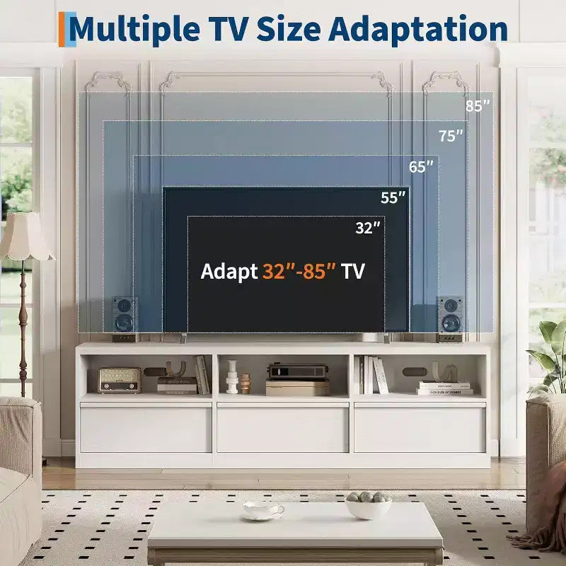 Mobile TV da 70 pollici per televisori da 80 pollici, mobile da intrattenimento moderno di metà secolo con cassetto portaoggetti e ripiani aperti, per soggiorno
