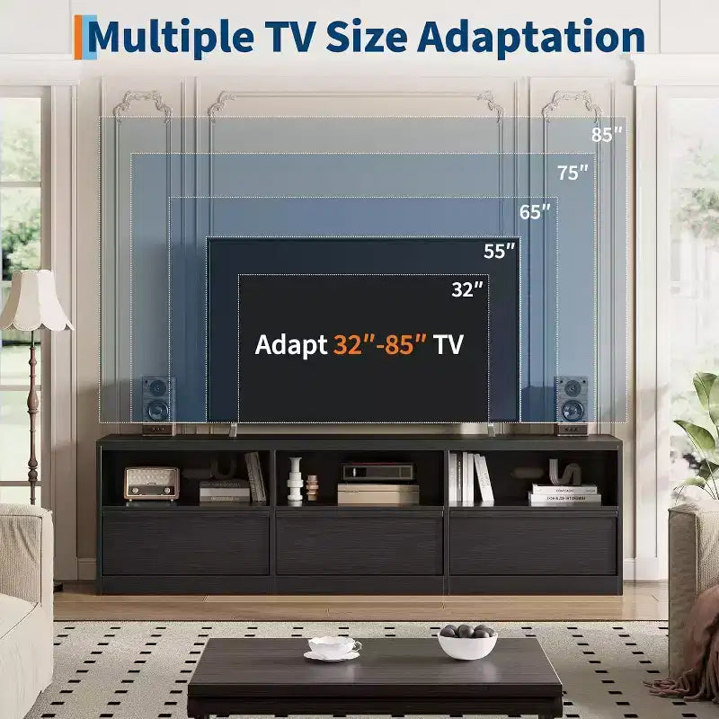 Mobile TV da 70 pollici per televisori da 80 pollici, mobile da intrattenimento moderno di metà secolo con cassetto portaoggetti e ripiani aperti, per soggiorno