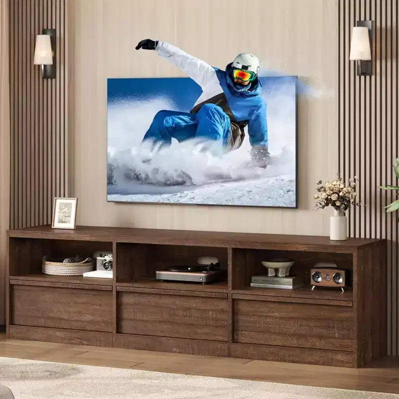 Mobile TV da 70 pollici per televisori da 80 pollici, mobile da intrattenimento moderno di metà secolo con cassetto portaoggetti e ripiani aperti, per soggiorno