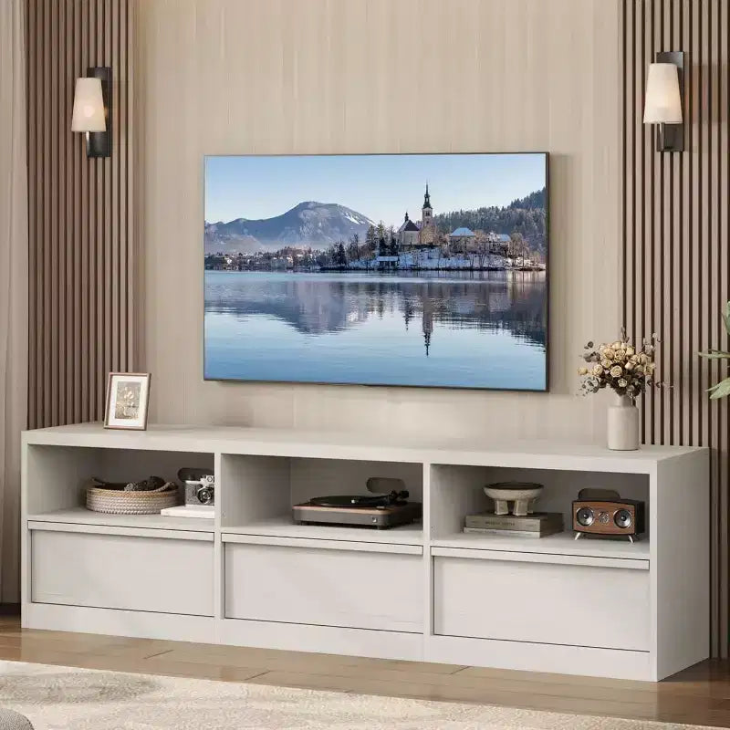 Mobile TV da 70 pollici per televisori da 80 pollici, mobile da intrattenimento moderno di metà secolo con cassetto portaoggetti e ripiani aperti, per soggiorno