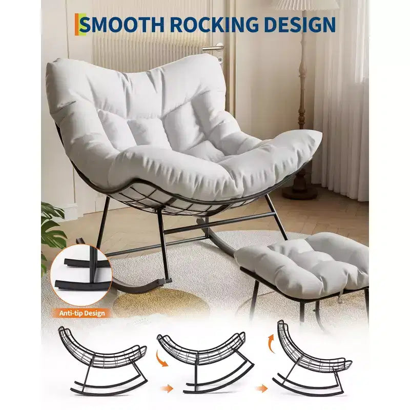 Sdraio da Esterno Oversize con Ottomana, Sedia a Dondolo con Struttura in Metallo, Dondolo a Uovo in Rattan per Giardino, Balcone e Relax in Patio