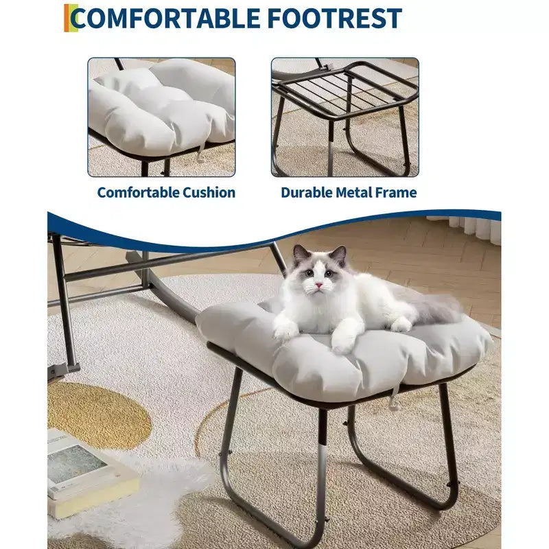 Sdraio da Esterno Oversize con Ottomana, Sedia a Dondolo con Struttura in Metallo, Dondolo a Uovo in Rattan per Giardino, Balcone e Relax in Patio