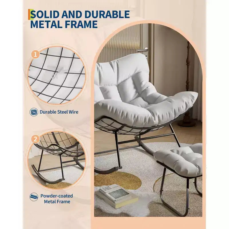 Sdraio da Esterno Oversize con Ottomana, Sedia a Dondolo con Struttura in Metallo, Dondolo a Uovo in Rattan per Giardino, Balcone e Relax in Patio