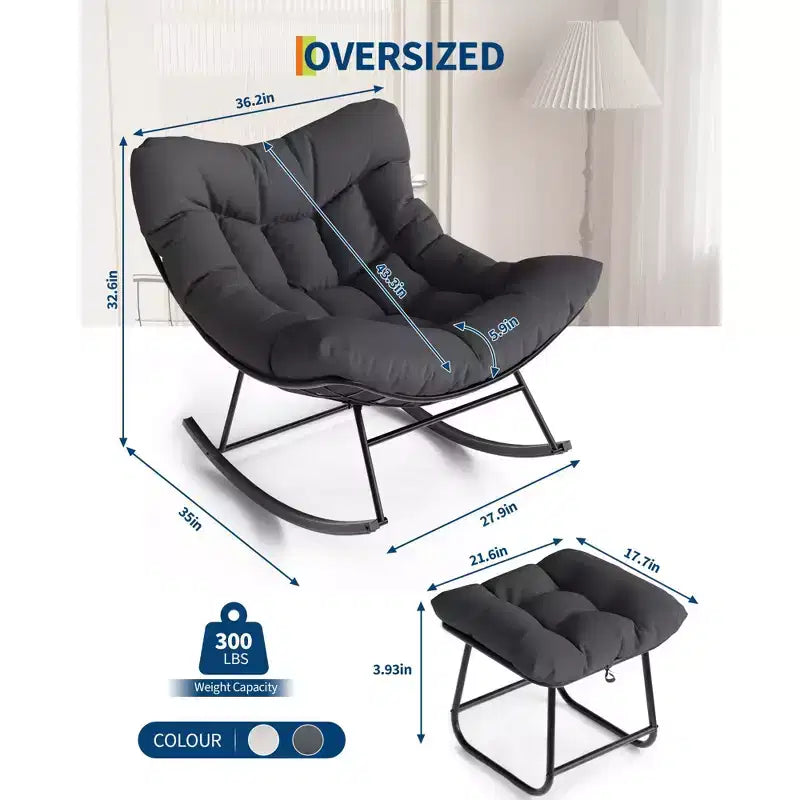 Sdraio da Esterno Oversize con Ottomana, Sedia a Dondolo con Struttura in Metallo, Dondolo a Uovo in Rattan per Giardino, Balcone e Relax in Patio
